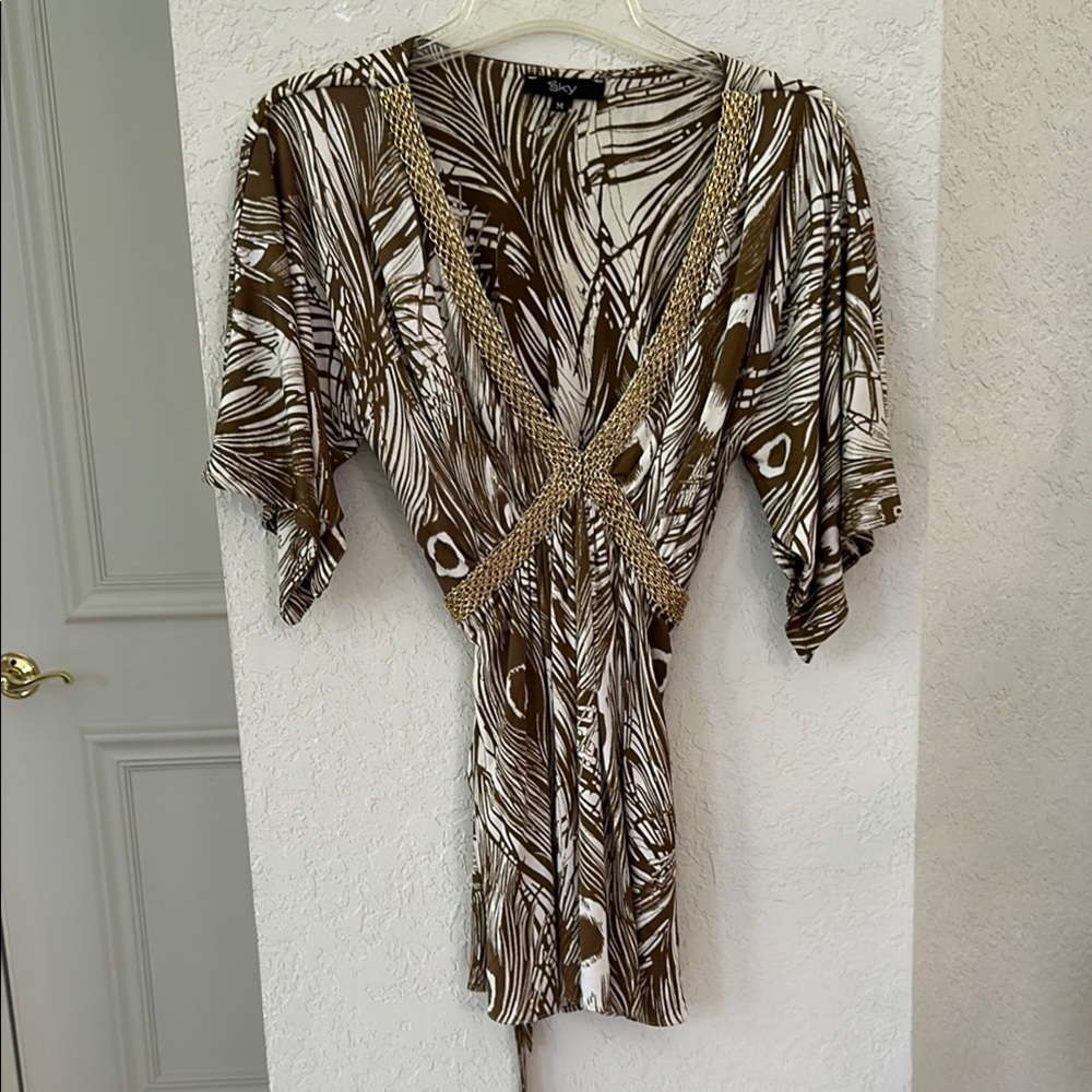 SKY Chic Feather Patterned Dress with Gold Accents